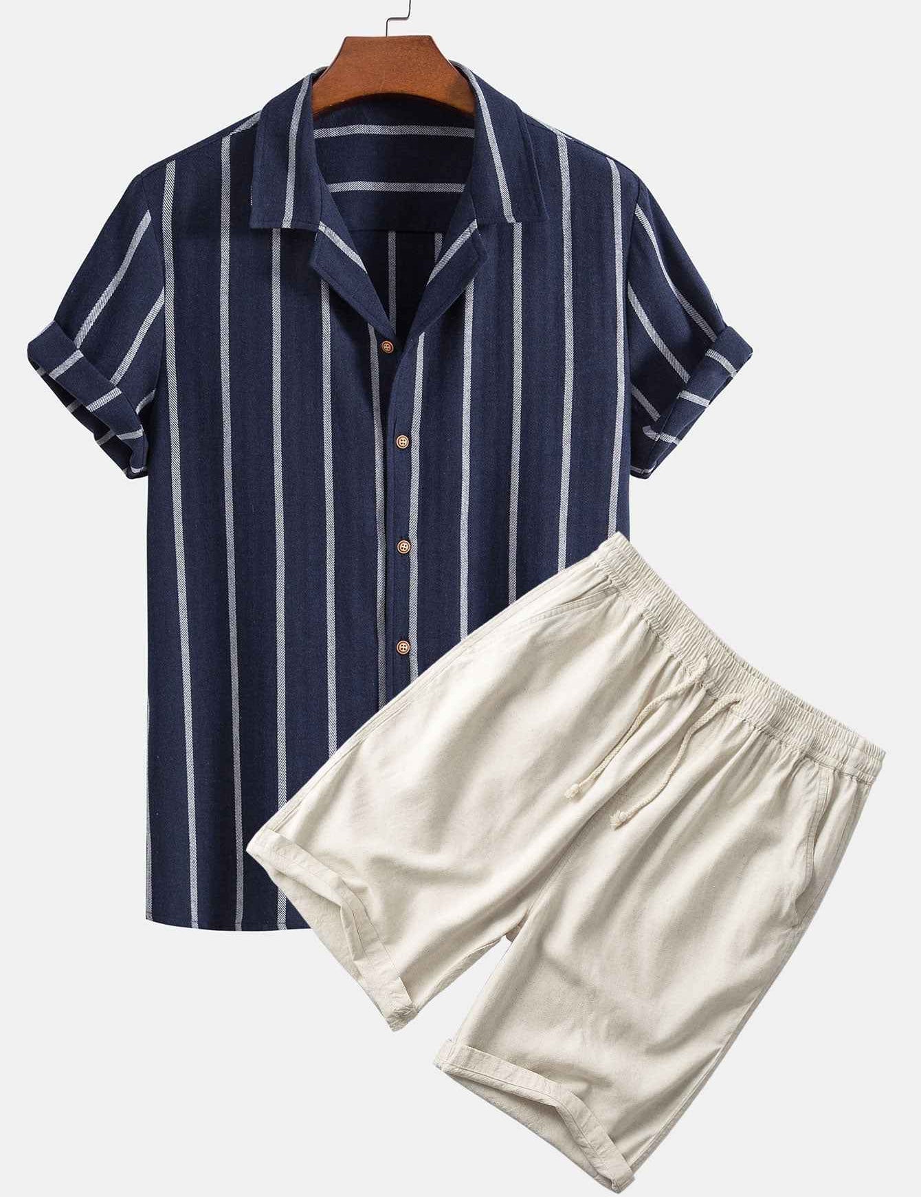 Gustav Striped Shirt And Shorts Set Dark Blue