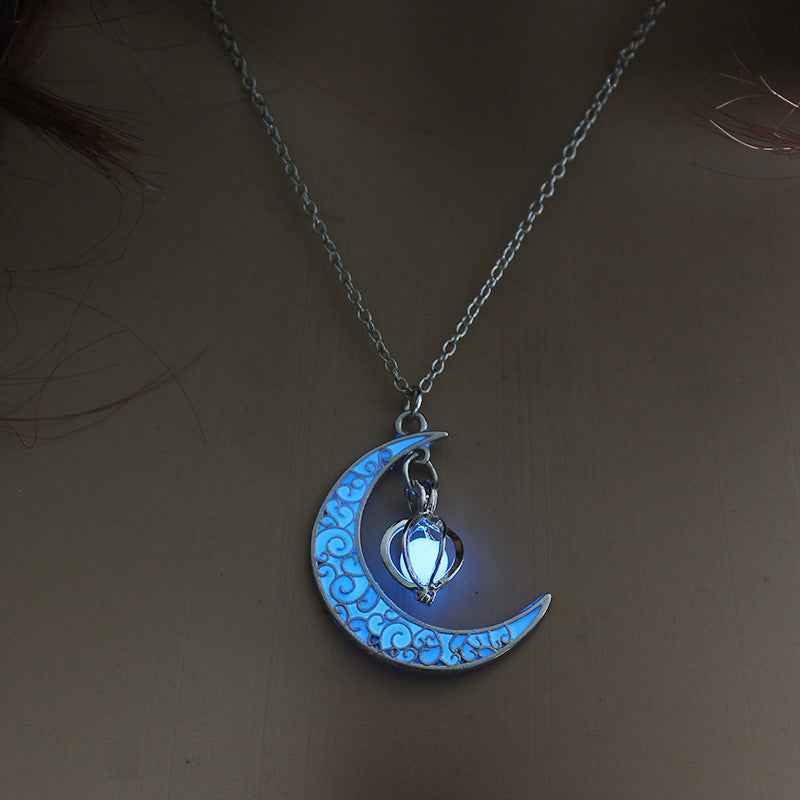 Glowing Pendant Necklace – Luminous Silver Chain Jewelry for Women Blue