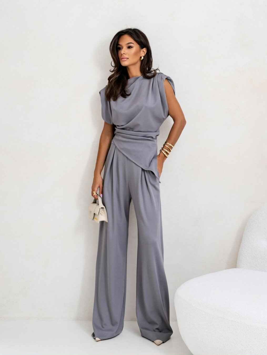 Draped Top High Waisted Wide Leg Trousers Set Elegant Chic - New Family Finds