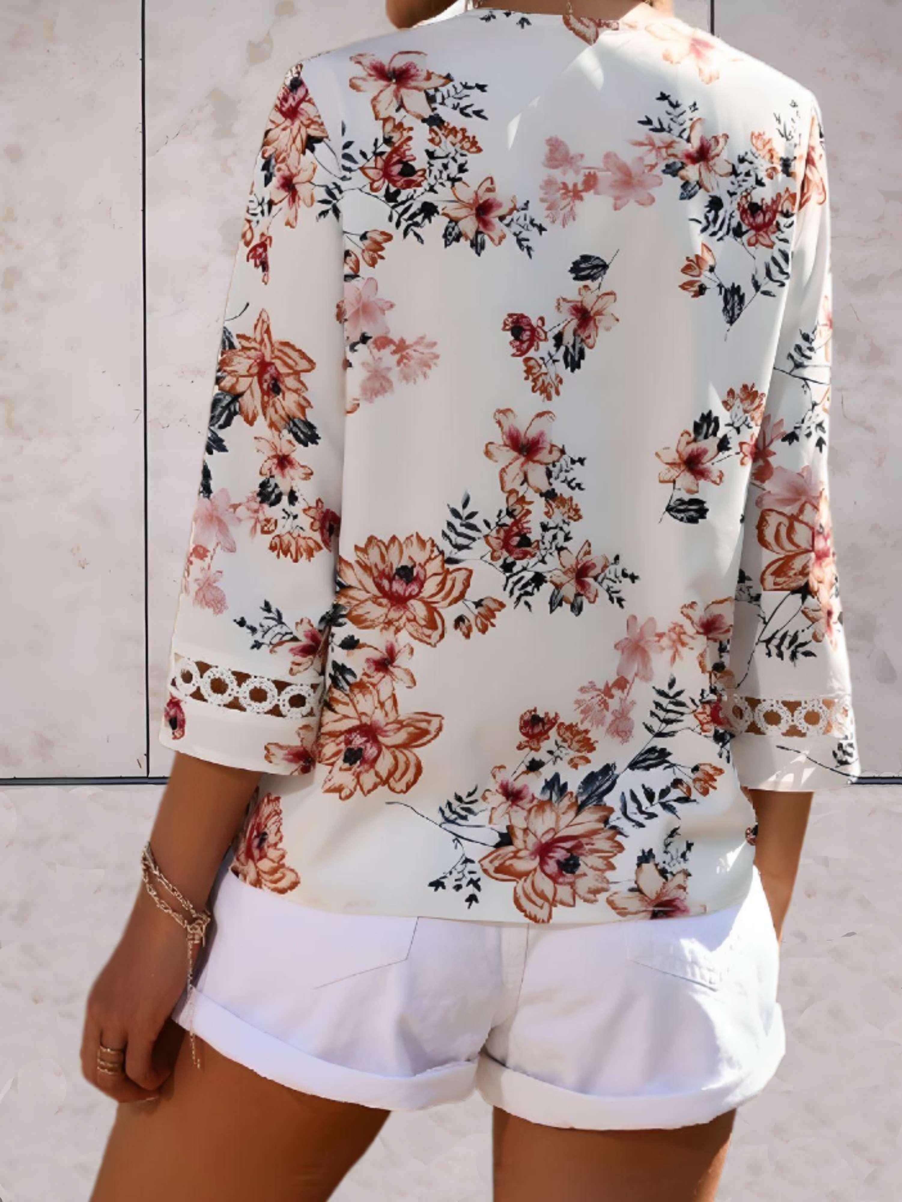 Noelle - V-Neck Floral Swing Top with Flowy Sleeves