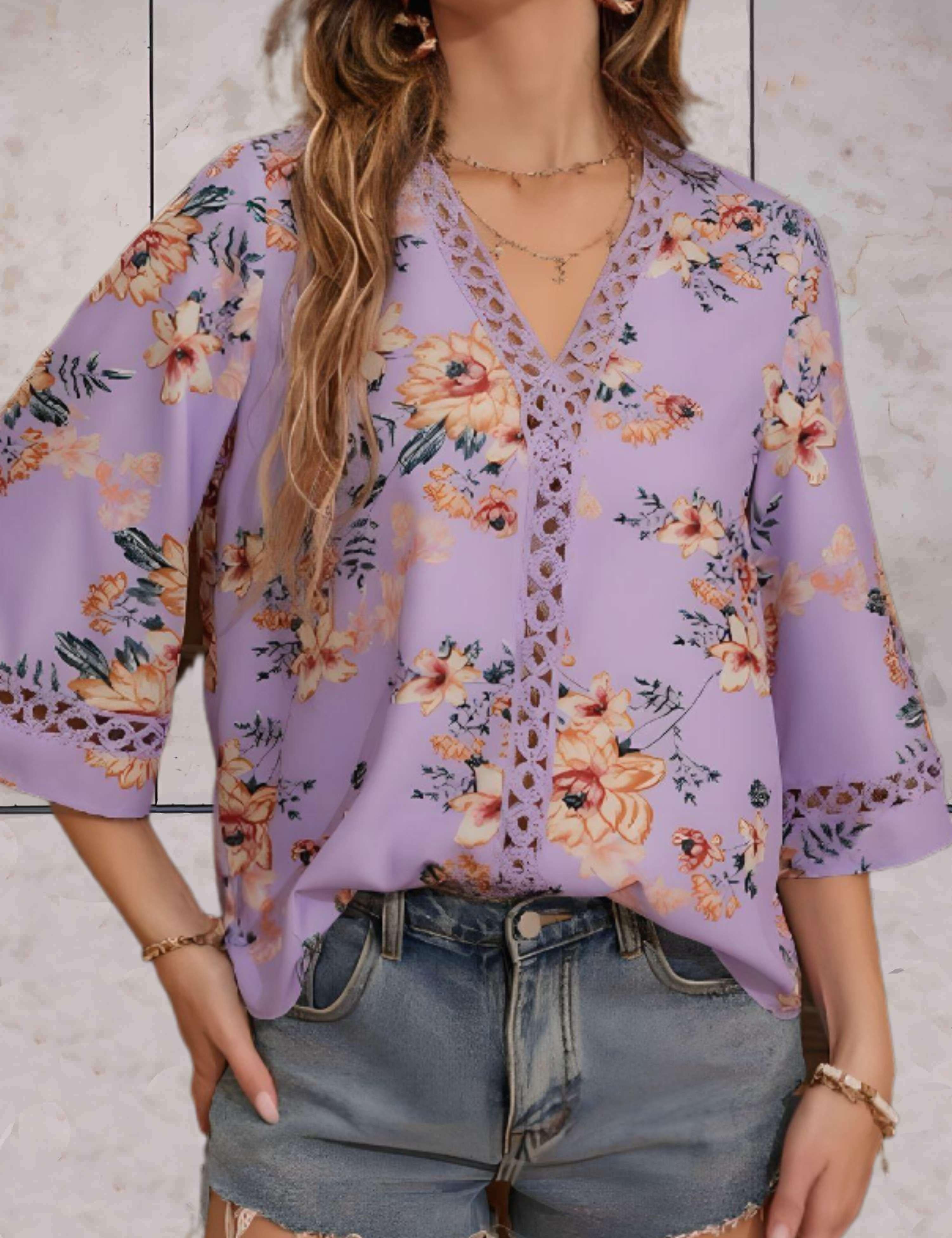Noelle - V-Neck Floral Swing Sleeve Top Purple