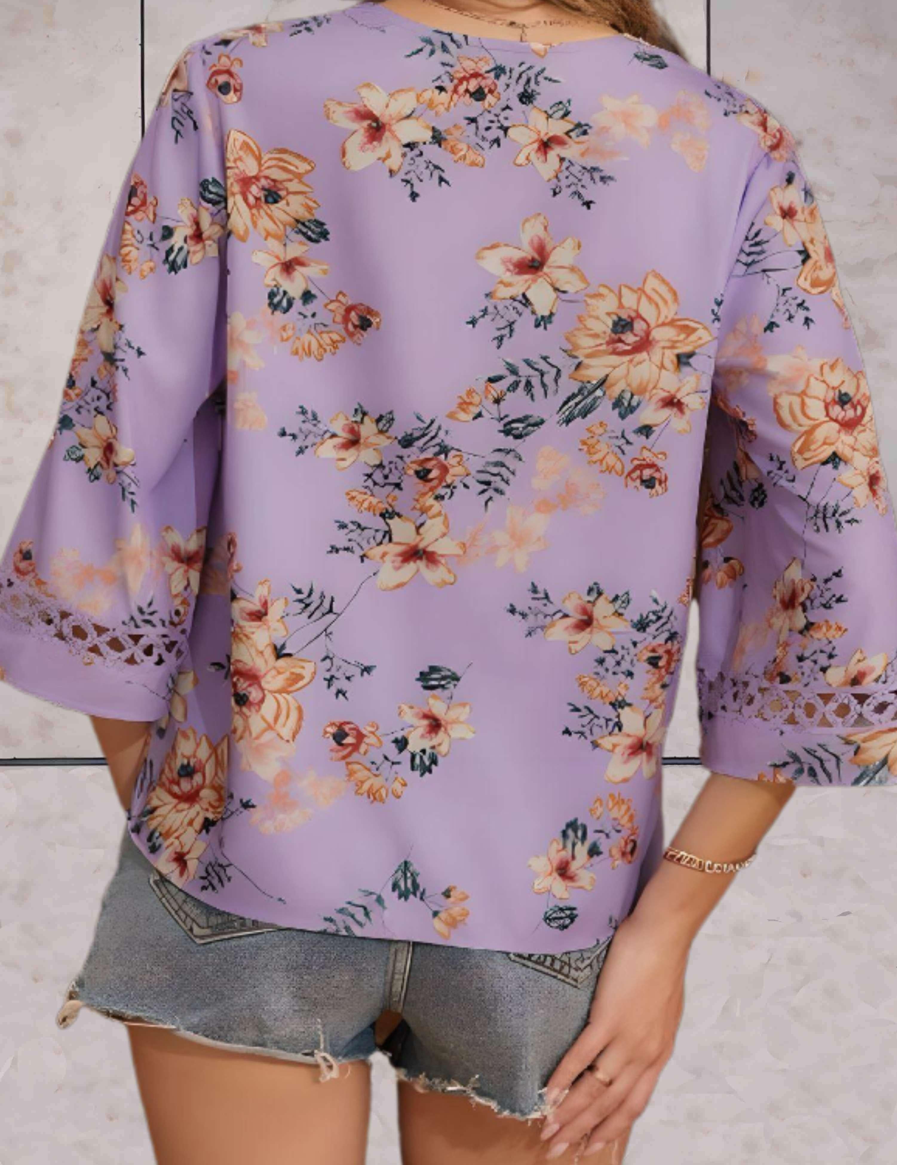 Noelle - V-Neck Floral Swing Top with Flowy Sleeves