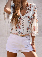 Noelle - V-Neck Floral Swing Top with Flowy Sleeves