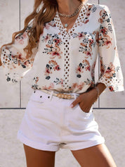 Noelle - V-Neck Floral Swing Sleeve Top White