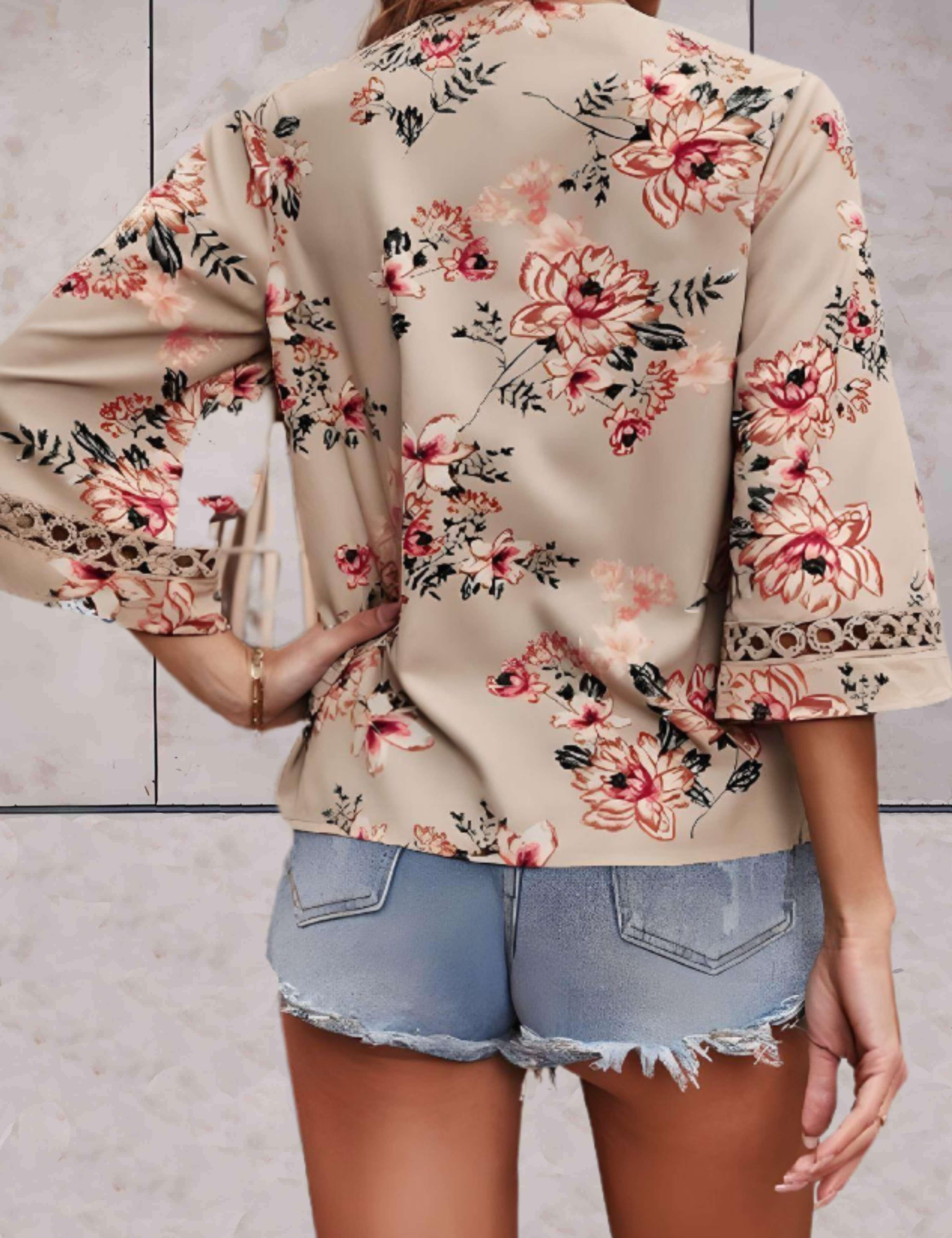 Noelle - V-Neck Floral Swing Top with Flowy Sleeves