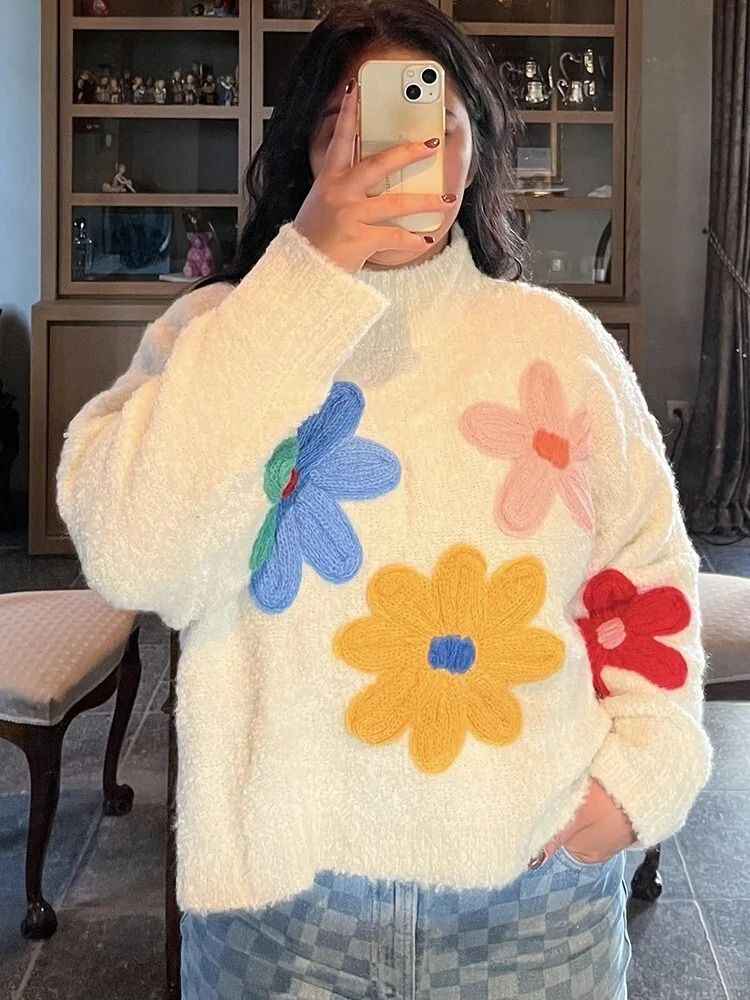 Solange Colorful Floral Turtleneck Sweater - Stylish Knitted Design