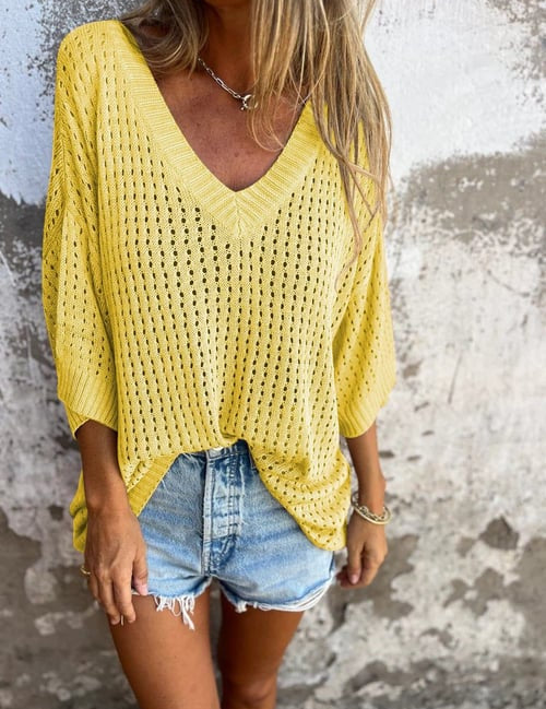 Yvette - V-Neck Blouse with Cut-Out Design Yellow