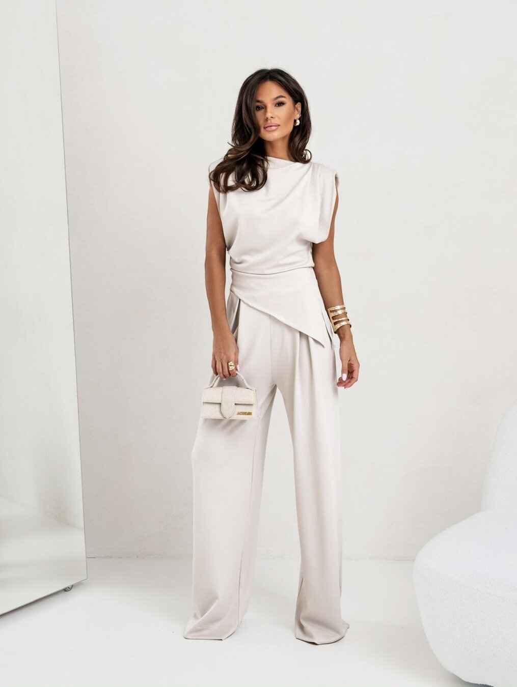 Draped Top High Waisted Wide Leg Trousers Set Elegant Chic - New Family Finds