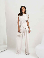 Draped Top High Waisted Wide Leg Trousers Set Elegant Chic - New Family Finds