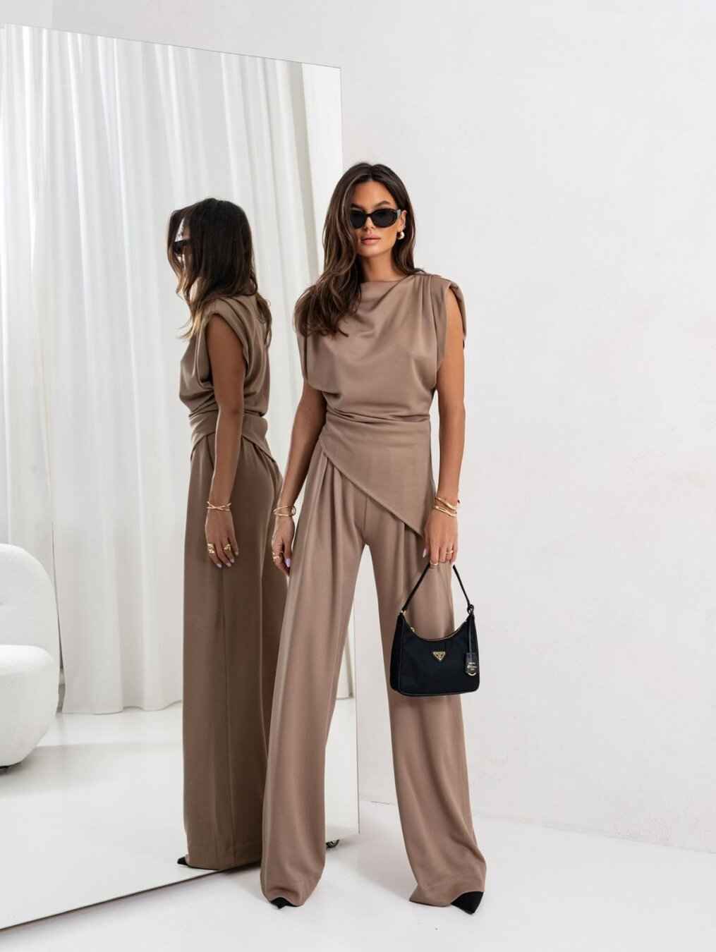 Draped Top High Waisted Wide Leg Trousers Set Elegant Chic - New Family Finds
