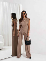 Draped Top High Waisted Wide Leg Trousers Set Elegant Chic - New Family Finds