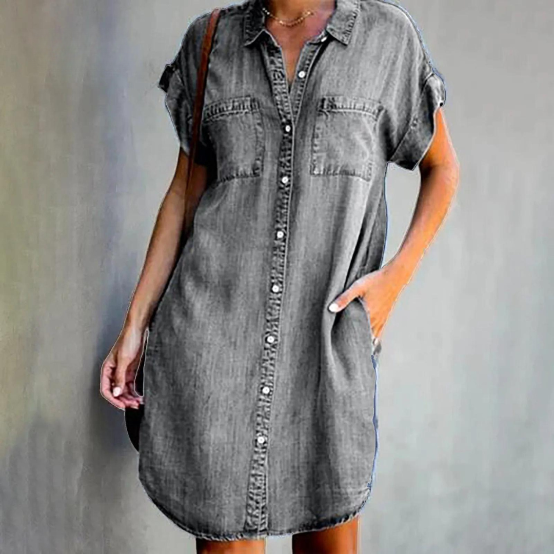 Amelie Denim Shirt Dress" could be rephrased as "Amelie Casual Denim Shirt Dress. Grey