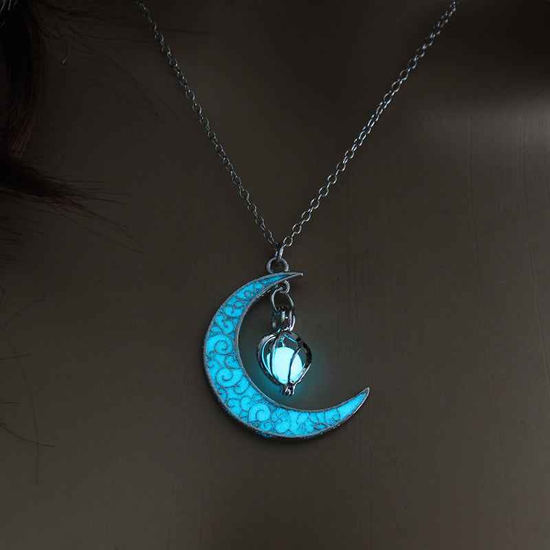 Glowing Pendant Necklace – Luminous Silver Chain Jewelry for Women Light blue