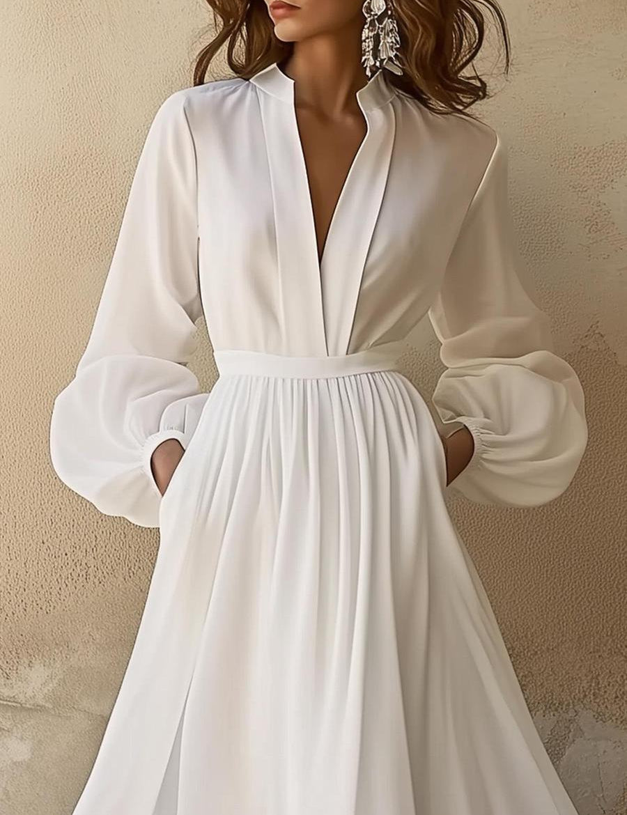 Vintage Plain White V-Neck Maxi Dress