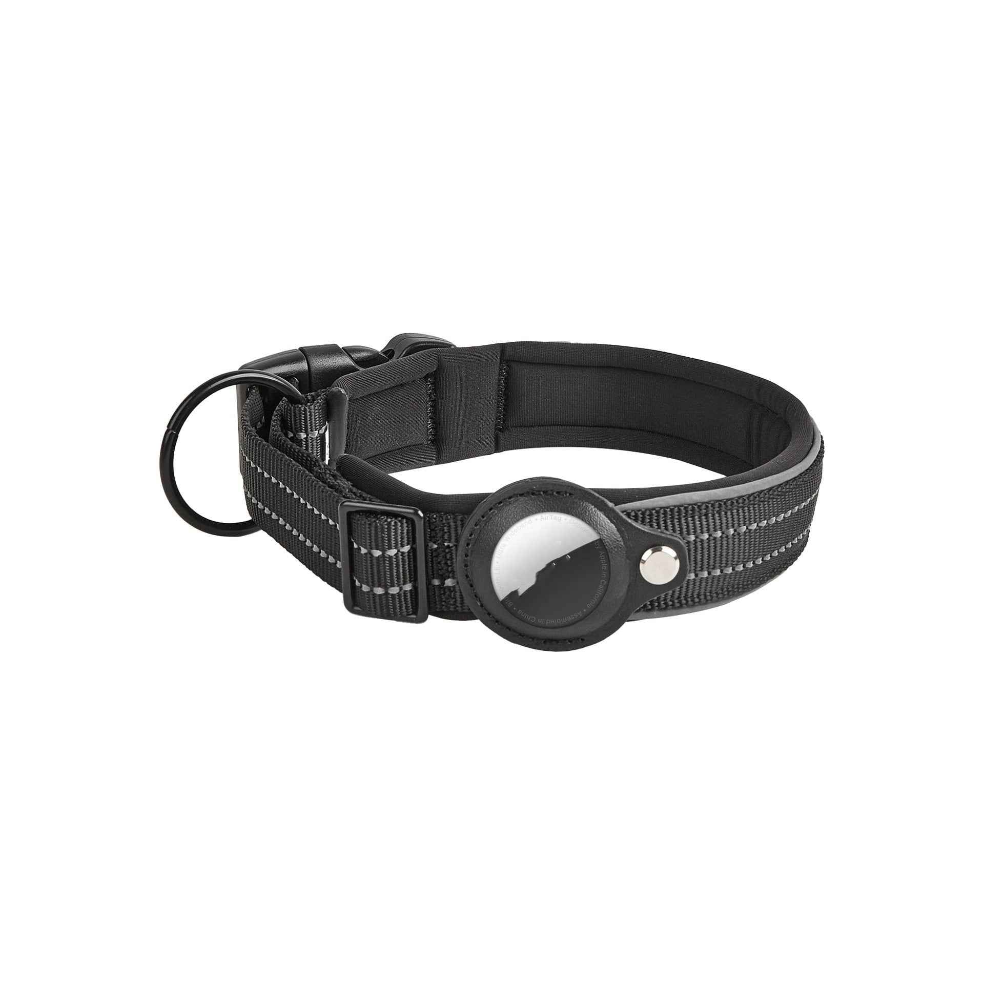 Airtag Pet Collar Tracker – Leather & Nylon Dog & Cat Locator Black Collar