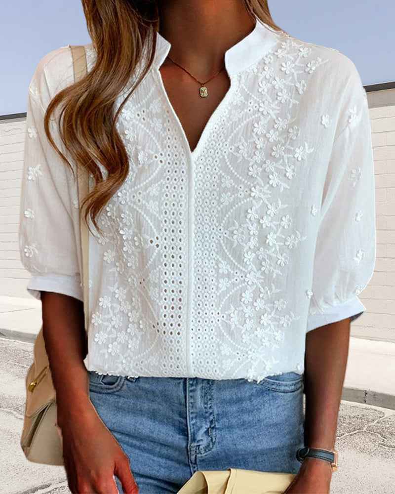 Romantic Puff Sleeves Lace Blouse Cotton Blend Top