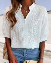 Romantic Puff Sleeves Lace Blouse Cotton Blend Top
