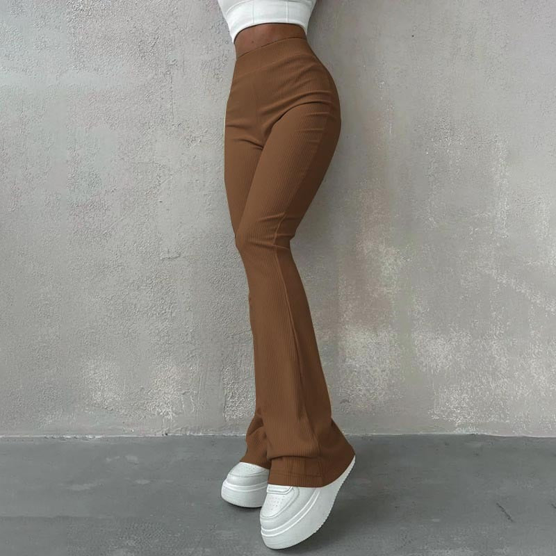 Nancie - High-Waisted Ribbed Flared Trousers Dark Brown