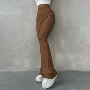 Nancie - High-Waisted Ribbed Flared Trousers Dark Brown