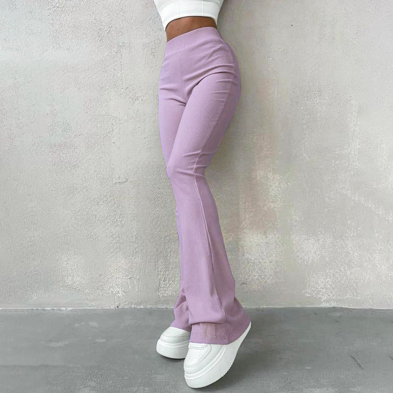 Nancie - High-Waisted Ribbed Flared Trousers Purple