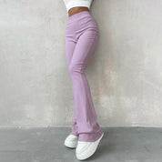 Nancie - High-Waisted Ribbed Flared Trousers Purple