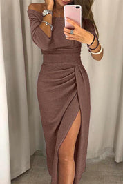Amelie Sparkling Off-Shoulder Dress with Side Slit Brown