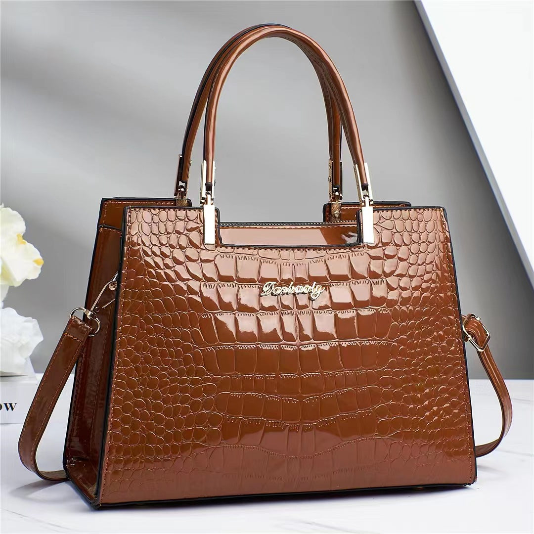 Melinda Shiny Crocodile-Pattern Handbag for Chic Style Brown