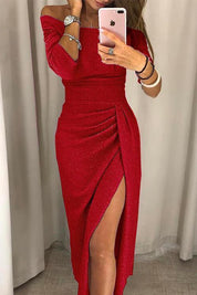Amelie Sparkling Off-Shoulder Dress with Side Slit Red
