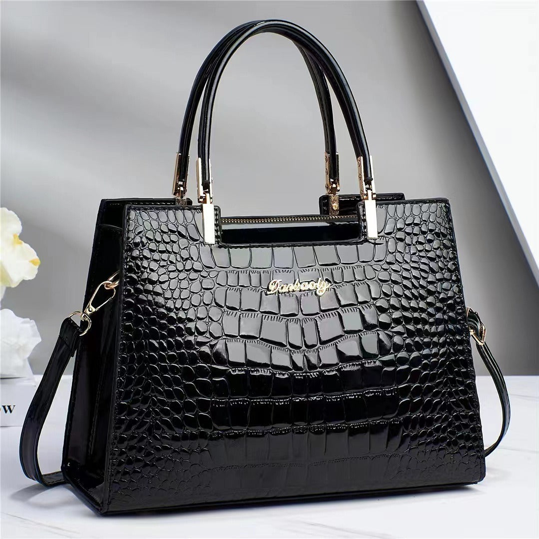 Melinda Shiny Crocodile-Pattern Handbag for Chic Style Black