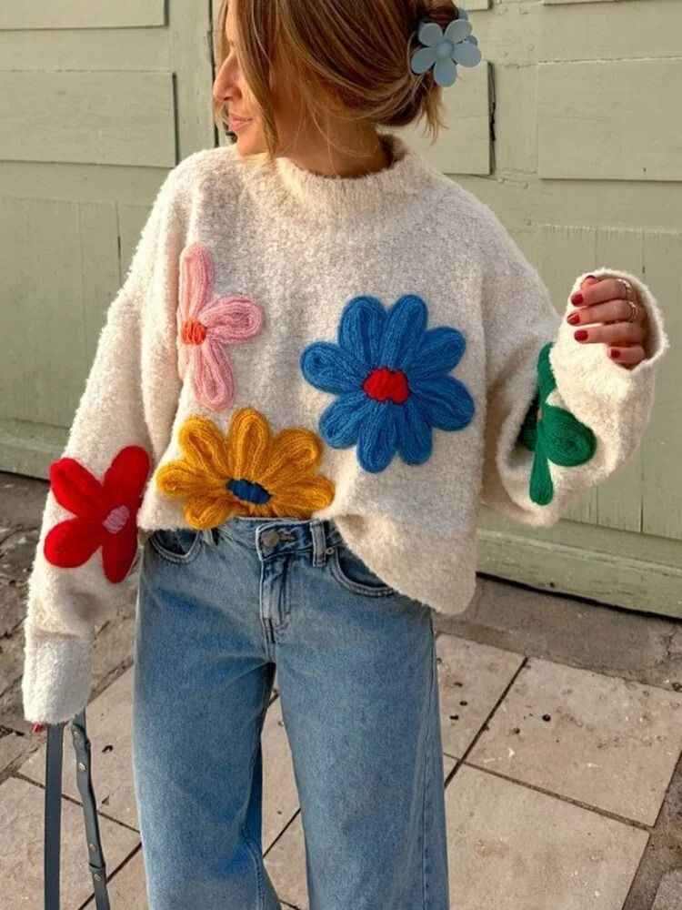 Solange Colorful Floral Turtleneck Sweater - Stylish Knitted Design L