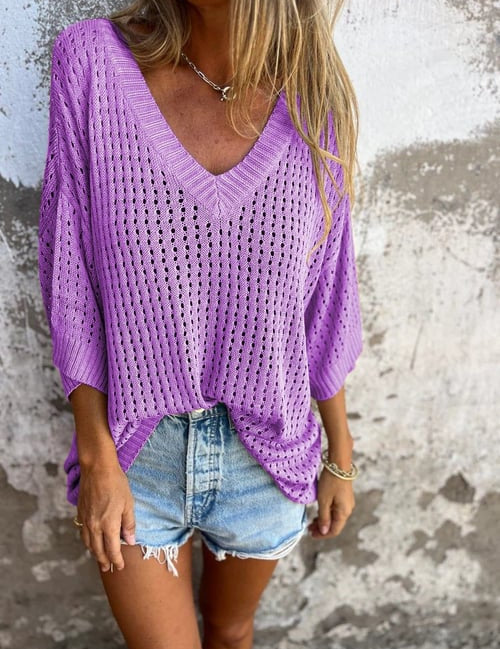 Yvette - V-Neck Blouse with Cut-Out Design Purple