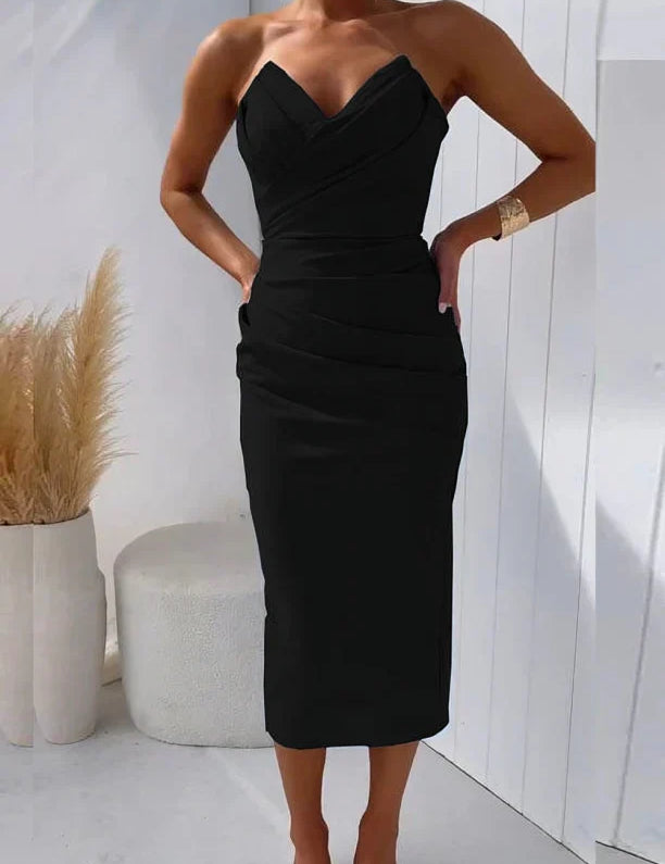 Yassi - Strapless Pleated Dress Black