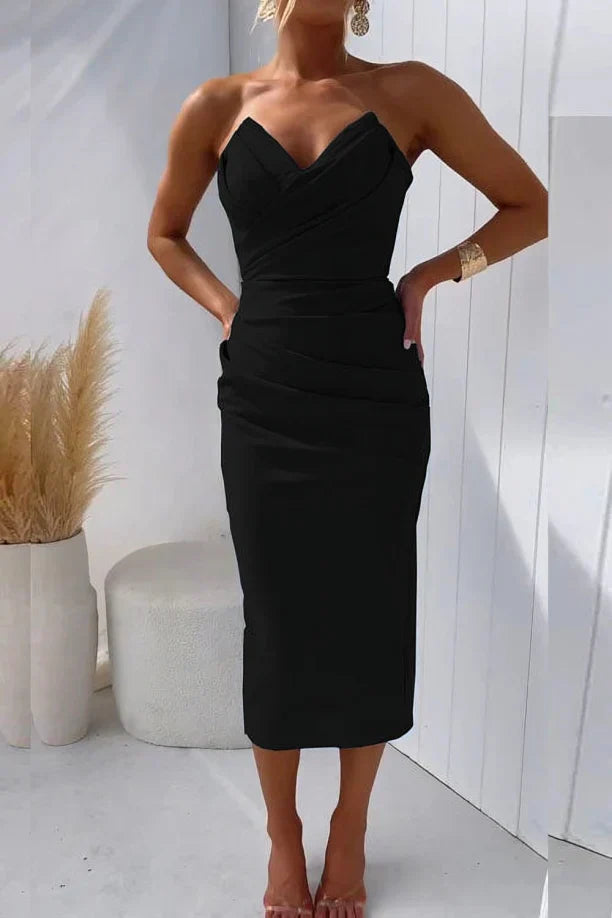 Yassi - Strapless Pleated Dress Black