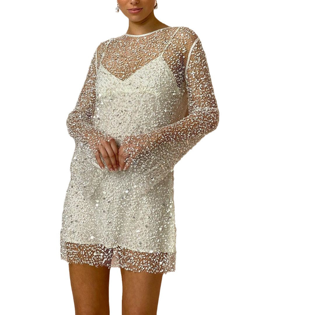 Avaline Sequined Sheer Dress White