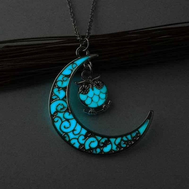 Glowing Pendant Necklace – Luminous Silver Chain Jewelry for Women Owl Blue