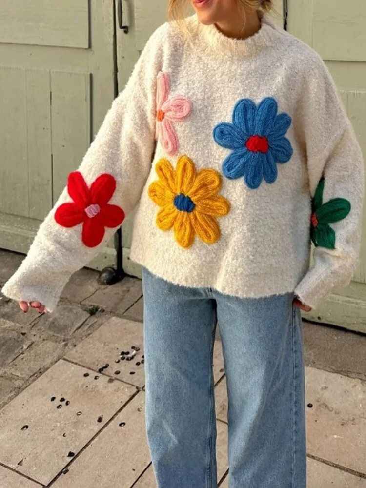 Solange Colorful Floral Turtleneck Sweater - Stylish Knitted Design