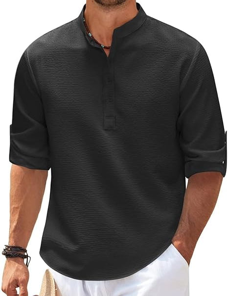 Hugo Stand-Up Collar Shirt with Rolled-Up Sleeves Black