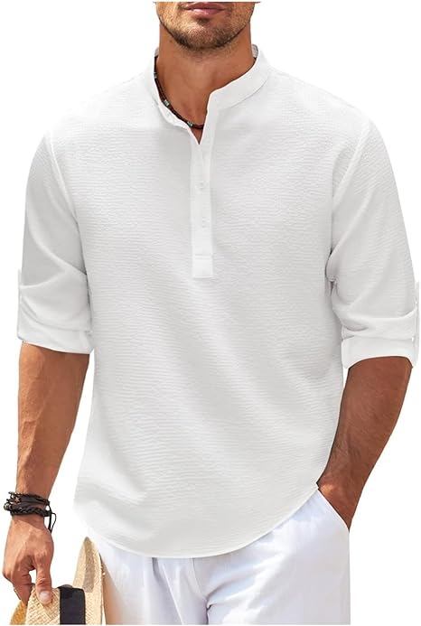 Hugo Stand-Up Collar Shirt with Rolled-Up Sleeves White