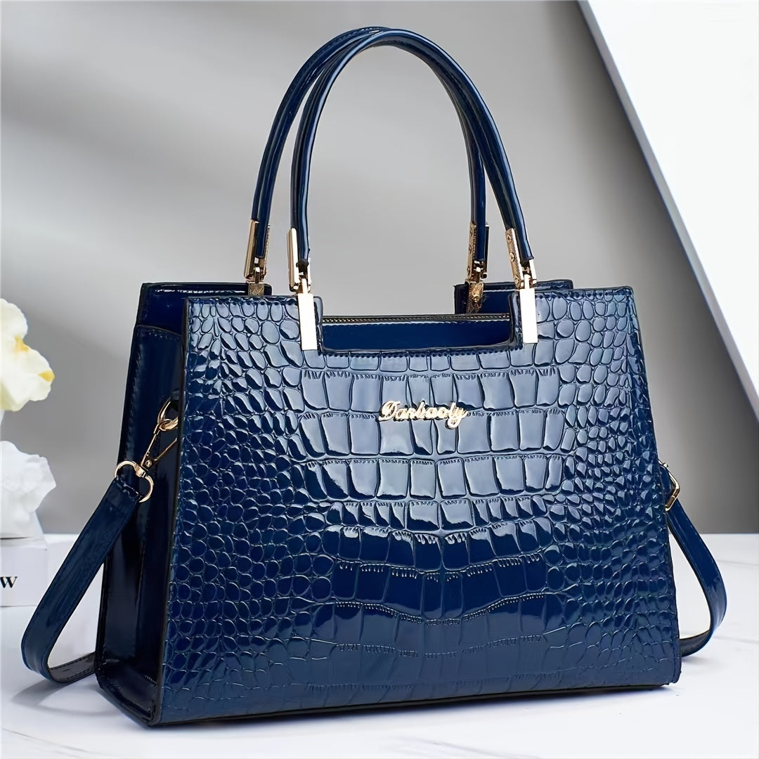 Melinda Shiny Crocodile-Pattern Handbag for Chic Style Blue