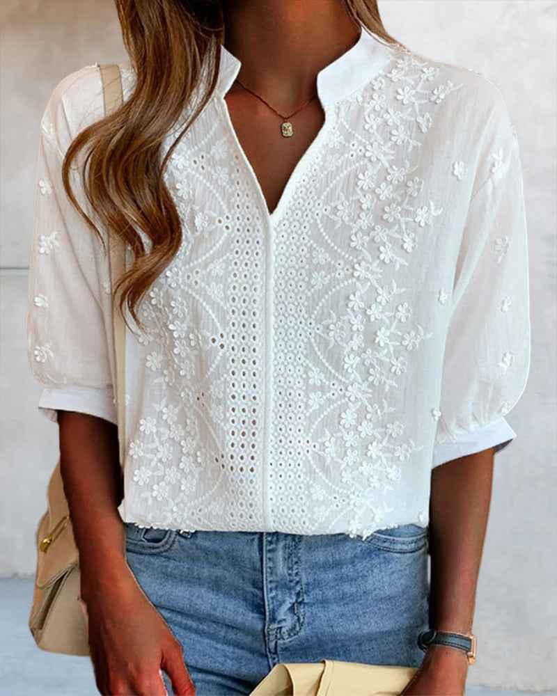 Romantic Puff Sleeves Lace Blouse Cotton Blend Top