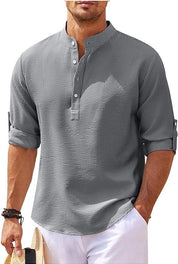 Hugo Stand-Up Collar Shirt with Rolled-Up Sleeves Gray