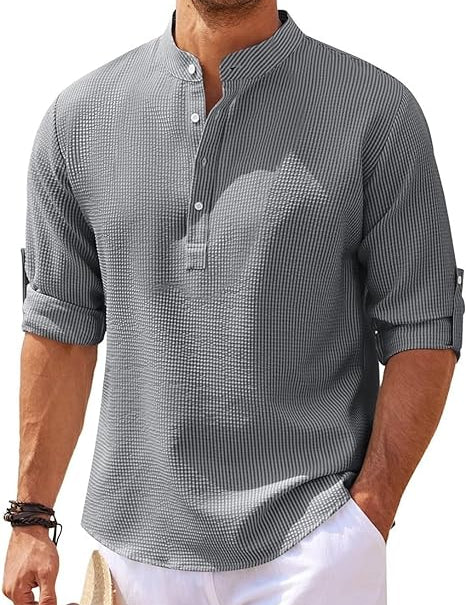 Hugo Stand-Up Collar Shirt with Rolled-Up Sleeves Gray
