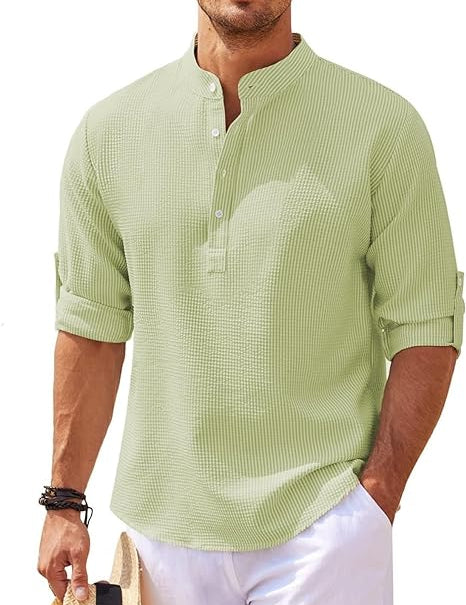 Hugo Stand-Up Collar Shirt with Rolled-Up Sleeves Light Green