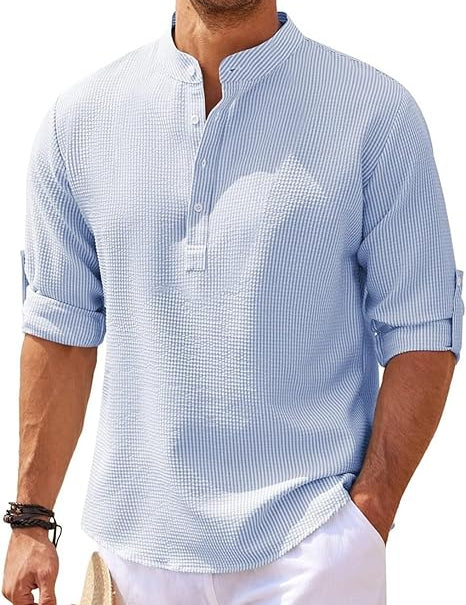 Hugo Stand-Up Collar Shirt with Rolled-Up Sleeves Blue