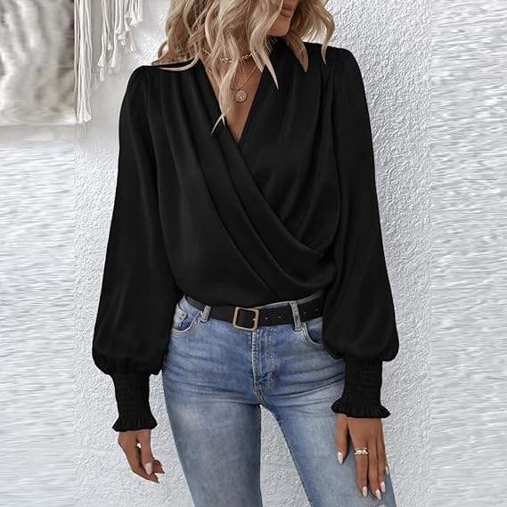Lilou Blouse with Pleated Puff Sleeves Black