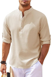Hugo Stand-Up Collar Shirt with Rolled-Up Sleeves Beige