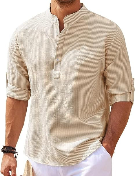 Hugo Stand-Up Collar Shirt with Rolled-Up Sleeves Beige