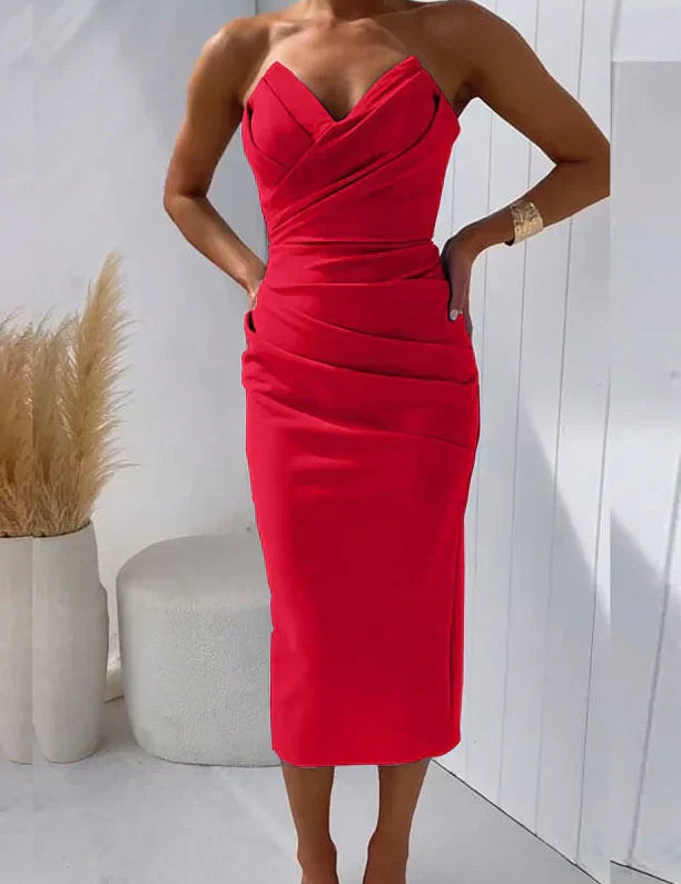 Yassi - Strapless Pleated Dress Red