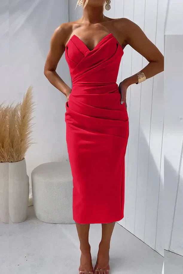 Yassi - Strapless Pleated Dress Red