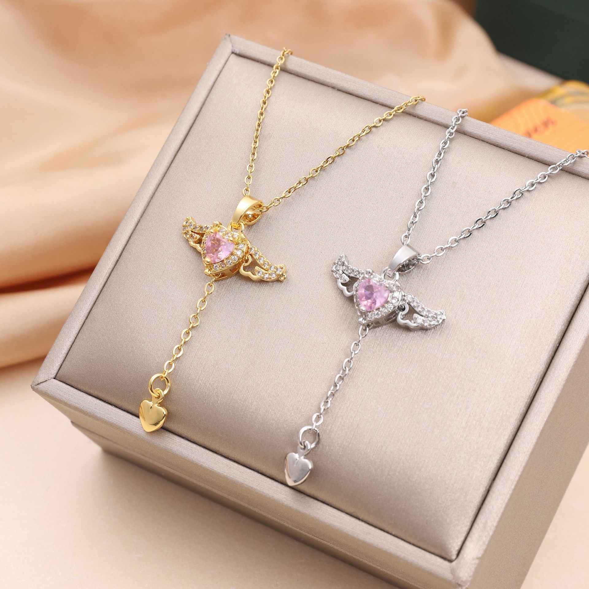 Cupid Heart Angel Wings Necklace – Crystal Tassel Pendant Jewelry Gift for Women